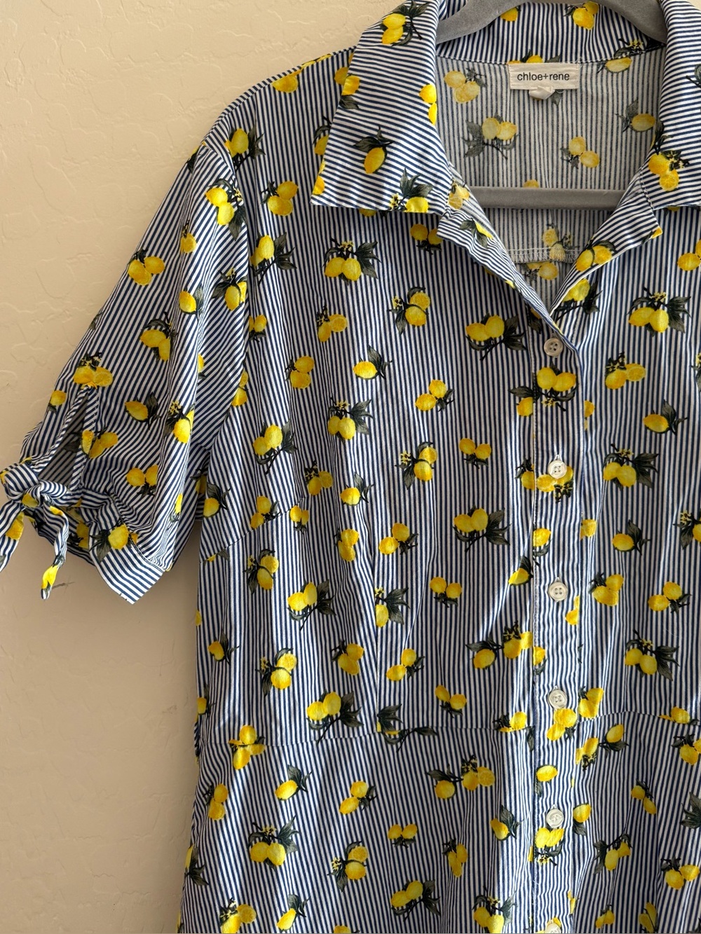 Chloe + Rene, XL, shirt dress with blue pinstripes and lemon print, 100% cotton